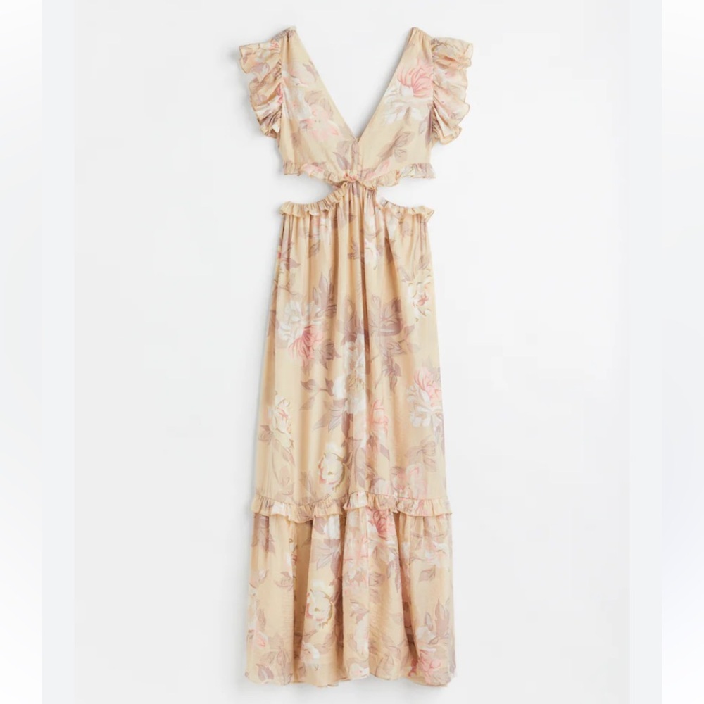 H&M Cut Out V-Neck Frill Flowy Back Tie Floral Draping Maxi Dress Size Small - Picture 2 of 13